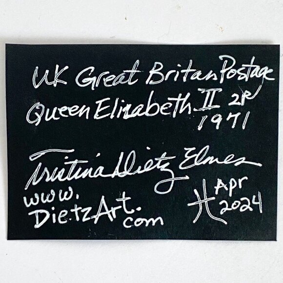 ACEO Original Mixed Media Art 1971 Queen Elizabeth II 2P UK Postage Stamp ATC - Picture 3 of 3